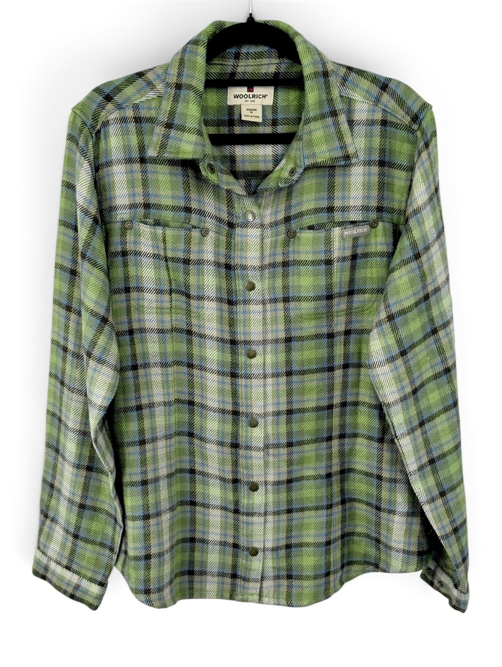 Woolrich Women’s M Green Plaid Wool Blend Flannel Snap Shirt